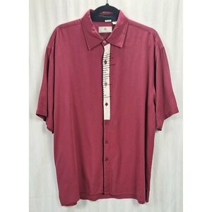 Bobby Chan Mens Silk Bamboo Short Sleeve Button Down Shirt Burgundy Red Large‎